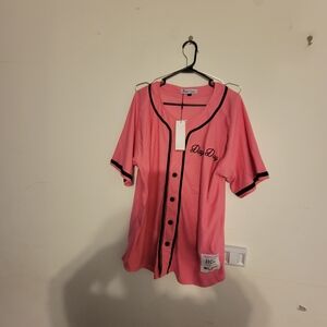 Pink Button-Up Shirt with Black Trim